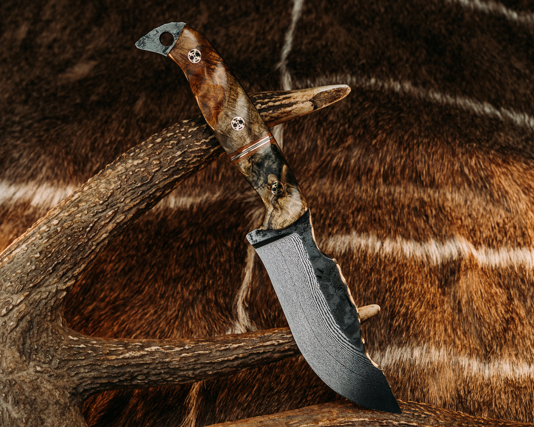 OG Skinner- Baker Forge Wavy Pattern Damascus- Spalted Amboyna, Natural Canvas Micarta, Copper, Grey G10 and White G10 Split, Mosaic Pins, Textured Grip