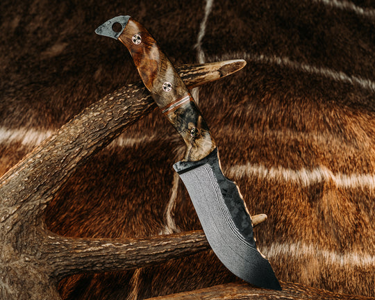 OG Skinner- Baker Forge Wavy Pattern Damascus- Spalted Amboyna, Natural Canvas Micarta, Copper, Grey G10 and White G10 Split, Mosaic Pins, Textured Grip