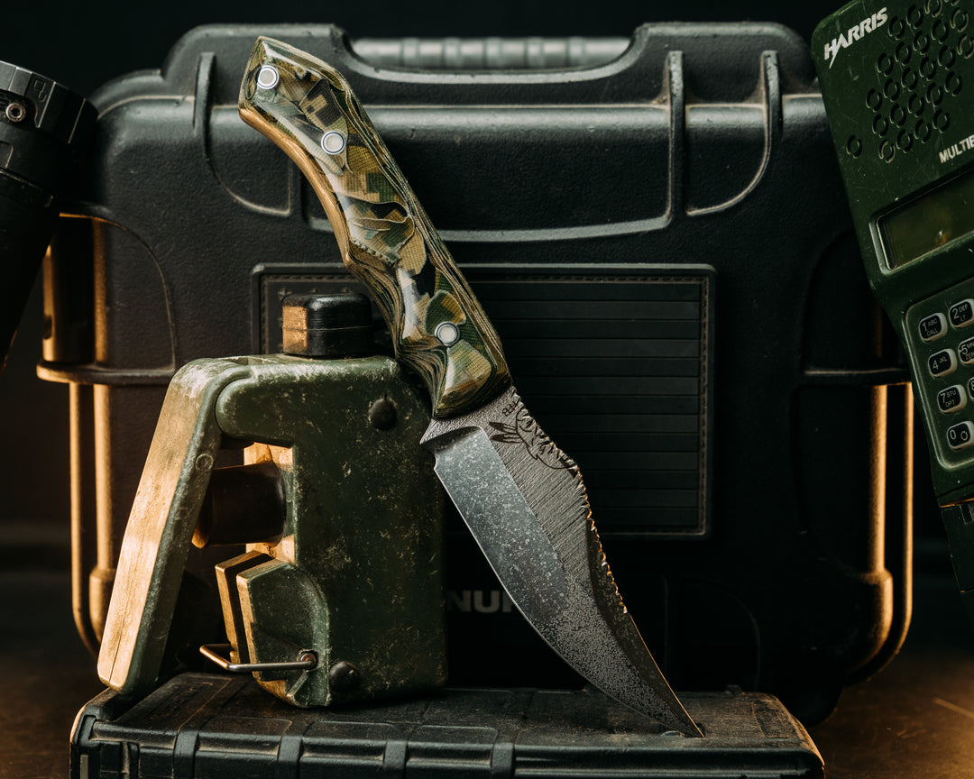 Red Cloud- Compound Grind- Loose Layered Navy S.E.A.L AOR2 Cammie Micarta, Textured Flats, Polished Blade, Glow Pins, Old School Rock Worked Spine