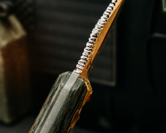 Red Cloud- Compound Grind- Loose Layered Navy S.E.A.L AOR2 Cammie Micarta, Textured Flats, Polished Blade, Glow Pins, Old School Rock Worked Spine