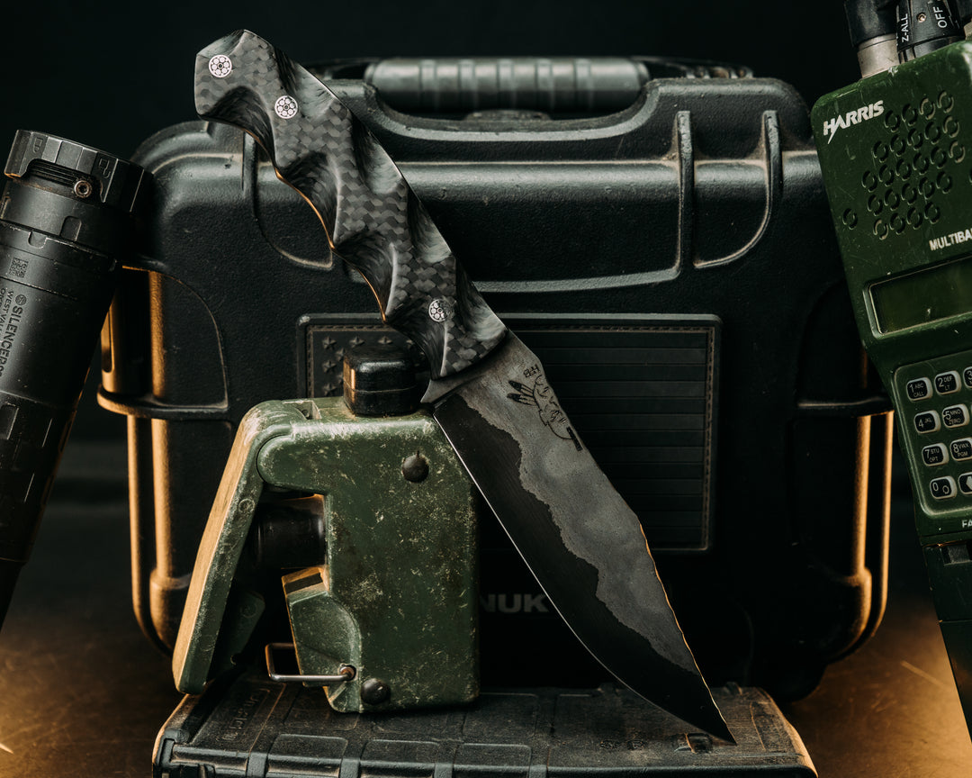Breacher Scout- Baker Forge Wrought Iron Damascus- Carbon Fiber Mosaic Pins, Textured Grip