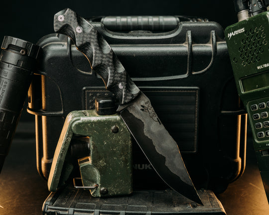 Breacher Scout- Baker Forge Wrought Iron Damascus- Carbon Fiber Mosaic Pins, Textured Grip