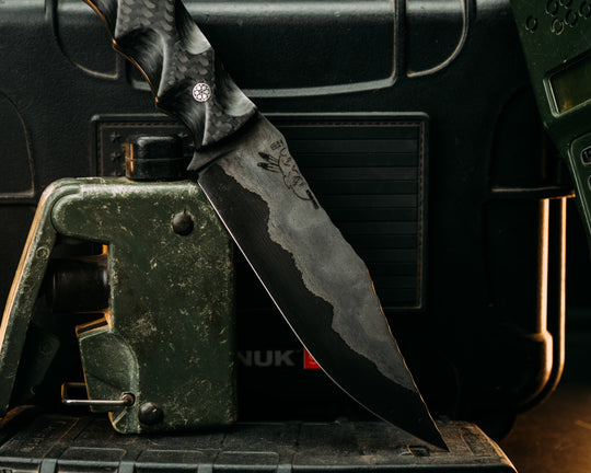 Breacher Scout- Baker Forge Wrought Iron Damascus- Carbon Fiber Mosaic Pins, Textured Grip