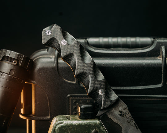 Breacher Scout- Baker Forge Wrought Iron Damascus- Carbon Fiber Mosaic Pins, Textured Grip