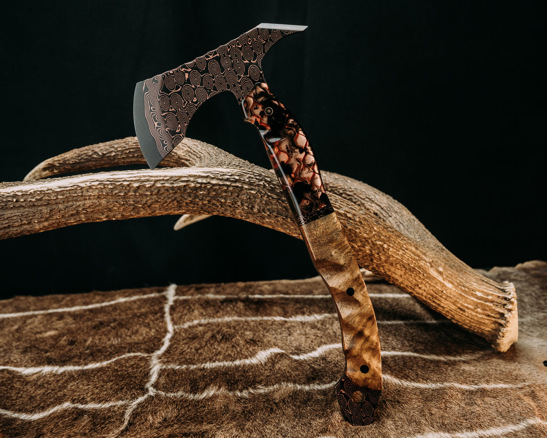 Recce Alpha Hawk- Baker Forge Raindrop Pattern CopperMai- Clear Smoke Tru-LaRue Resin, Black with Copper Web Tru-stone Split, Teak, Mosaic Pin, CF Pins, Textured Grip