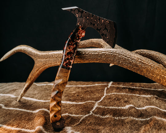 Recce Alpha Hawk- Baker Forge Raindrop Pattern CopperMai- Clear Smoke Tru-LaRue Resin, Black with Copper Web Tru-stone Split, Teak, Mosaic Pin, CF Pins, Textured Grip
