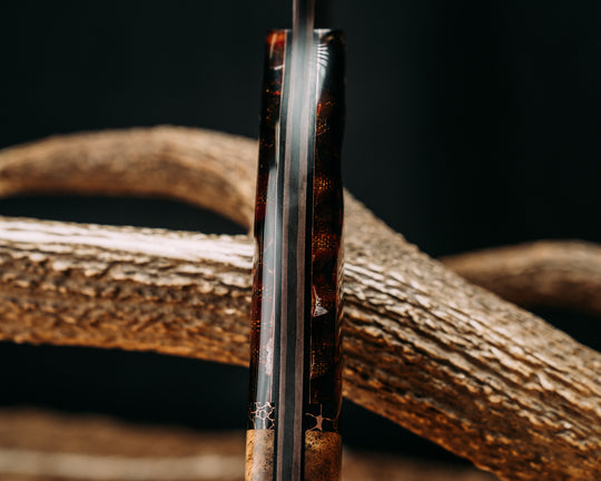 Recce Alpha Hawk- Baker Forge Raindrop Pattern CopperMai- Clear Smoke Tru-LaRue Resin, Black with Copper Web Tru-stone Split, Teak, Mosaic Pin, CF Pins, Textured Grip