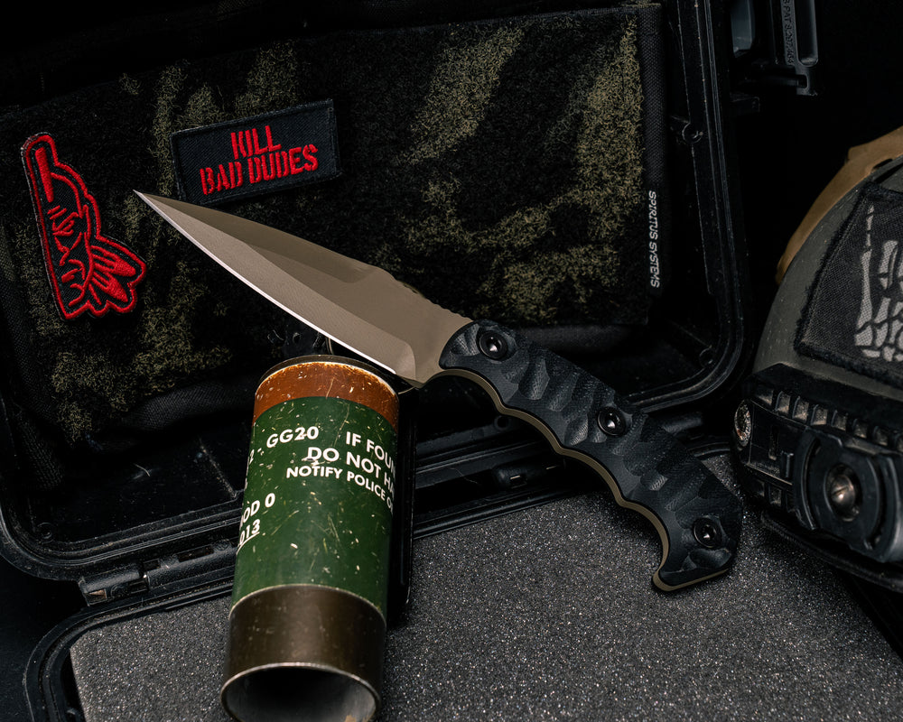 4"  HUMINT- Black G10, FDE Cerakote, Allen Bolts, Textured Grip