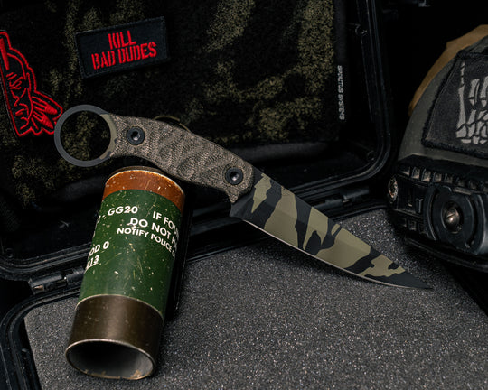 Osoraku 4"- OD Green Canvas Micarta, Tiger Stripe Camo Cerakote, Allen Bolts, Textured Grip