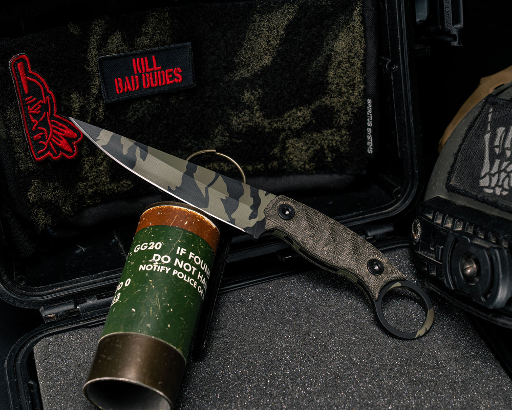 Osoraku 4"- OD Green Canvas Micarta, Tiger Stripe Camo Cerakote, Allen Bolts, Textured Grip