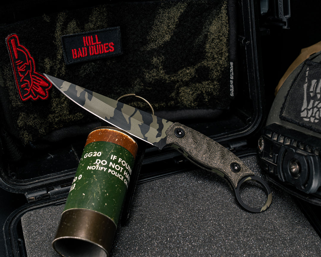 Osoraku 4"- OD Green Canvas Micarta, Tiger Stripe Camo Cerakote, Allen Bolts, Textured Grip