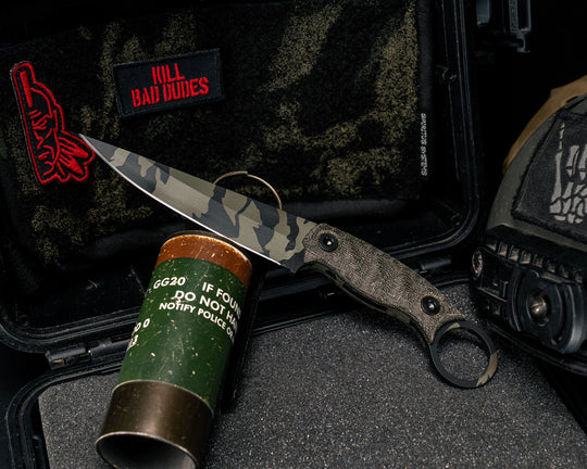 Osoraku 4"- OD Green Canvas Micarta, Tiger Stripe Camo Cerakote, Allen Bolts, Textured Grip