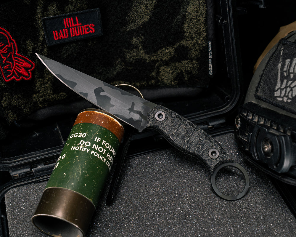 Osoraku 4"- Black Canvas Micarta, Black Multicam Cerakote, Allen Bolts, Textured Grip