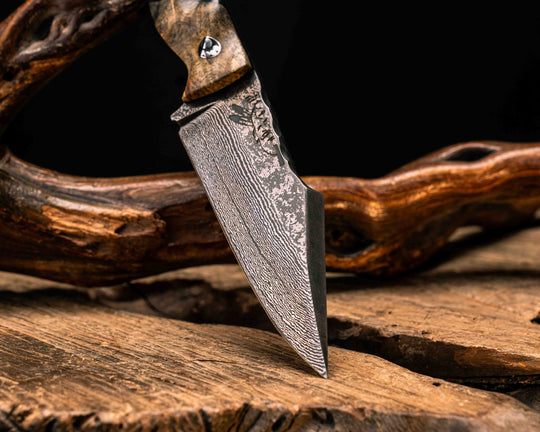 Widow Maker Jr- Widow Maker Jr- Baker Forge Random Pattern Damascus- Buckeye Burl, Black G10, Forest Green G10 and Aluminum Split, Mosaic Pins, 1/8" Mosaic Pin, Textured Grip