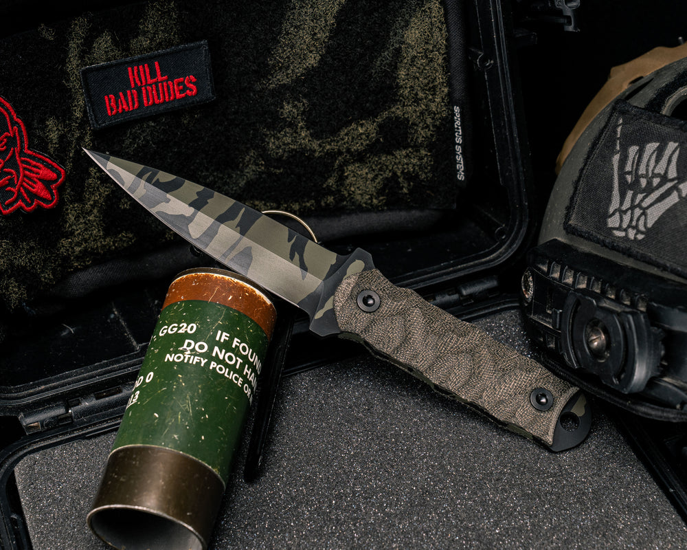 Combat Dagger- OD Green Canvas Micarta, Tiger Stripe Camo Cerakote, Allen Bolts, Textured Grip