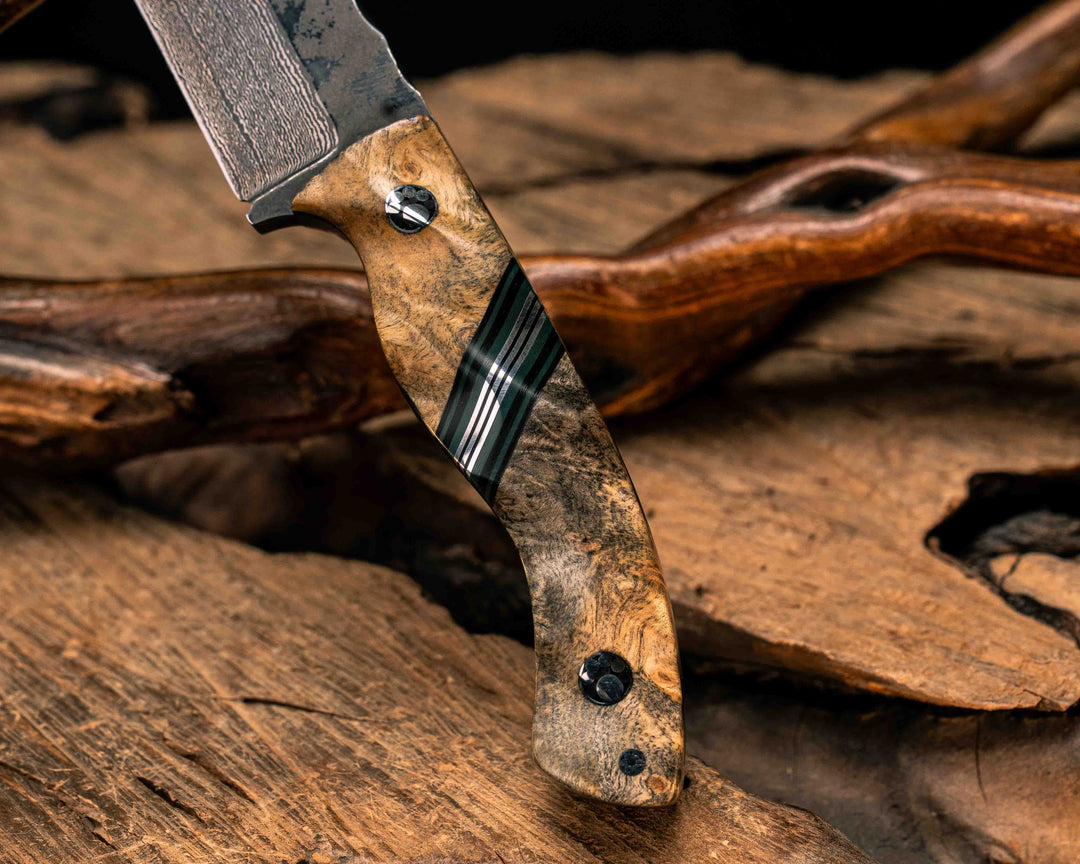 Widow Maker Jr- Widow Maker Jr- Baker Forge Random Pattern Damascus- Buckeye Burl, Black G10, Forest Green G10 and Aluminum Split, Mosaic Pins, 1/8" Mosaic Pin, Textured Grip