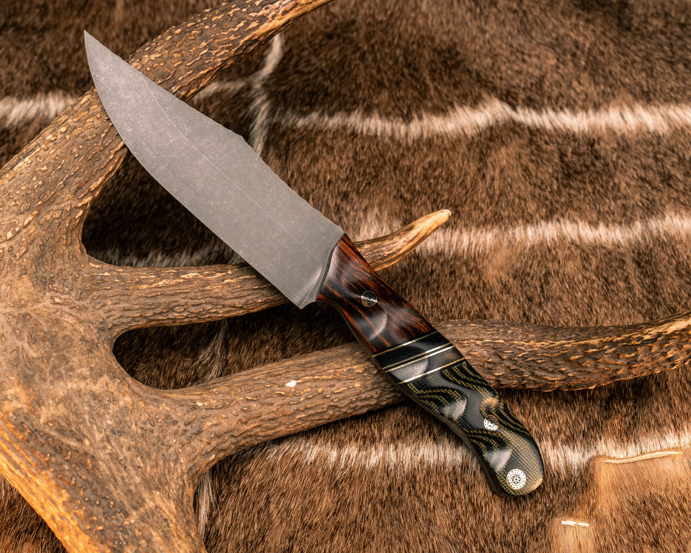 Crow Scout- Desert Ironwood, Black G10, Brass and Black Micarta Split, OD Green and Black Canvas Micarta, Mosaic Pins, Textured Grip