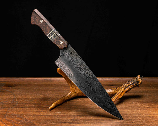 Chef Blade- Baker Forge Ladder Pattern Damascus- Asian Mahogany, Black G10 and Brass Pin Striping, Black with Gold Web Tru-stone Split, Mosaic Pins, Smooth Grip