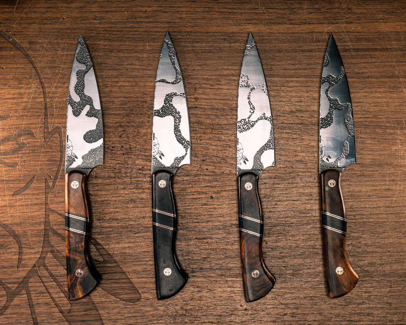 Steak Knife Set (4 piece)- Desert Ironwood, Black G10 and Copper Pin Striping, African Blackwood Split, Copper Patriot Mosaic Pins, Smooth Grip