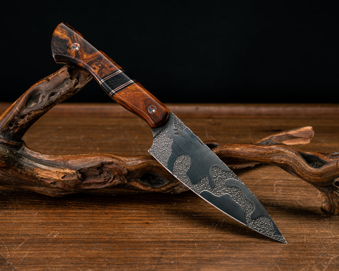 Steak Knife Set (4 piece)- Desert Ironwood, Black G10 and Copper Pin Striping, African Blackwood Split, Copper Patriot Mosaic Pins, Smooth Grip