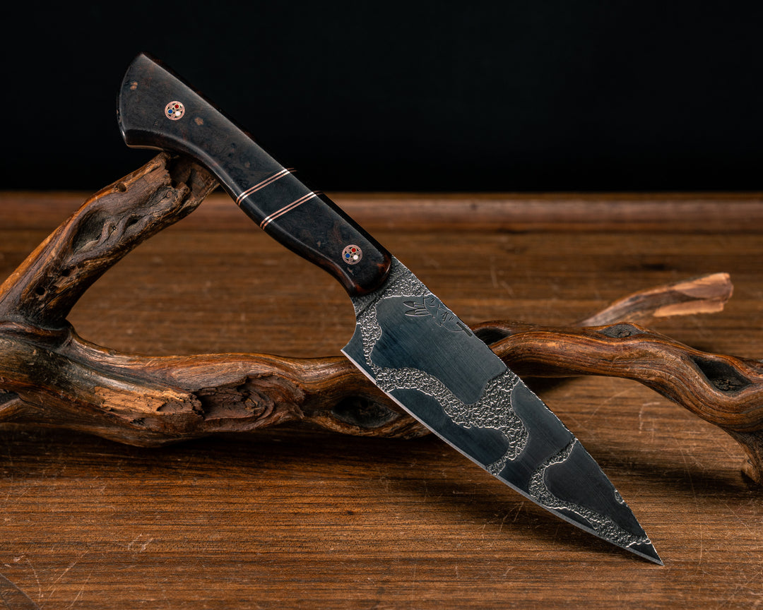 Steak Knife Set (4 piece)- Desert Ironwood, Black G10 and Copper Pin Striping, African Blackwood Split, Copper Patriot Mosaic Pins, Smooth Grip