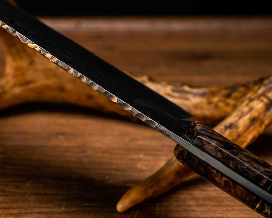 Chef Blade- Baker Forge Ladder Pattern Damascus- Asian Mahogany, Black G10 and Brass Pin Striping, Black with Gold Web Tru-stone Split, Mosaic Pins, Smooth Grip