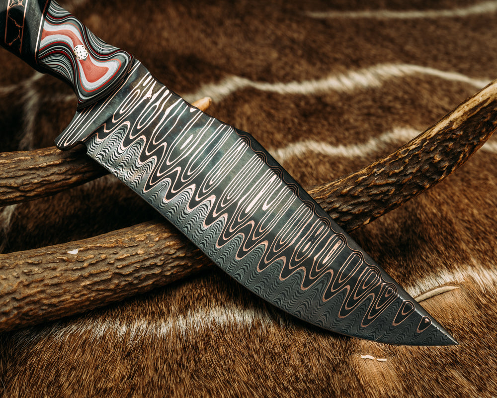American Bowie Jr.- Baker Forge CopperMai Ladder Pattern- Fordite, Black G10 and Copper Pin Striping, Black Canvas Micarta and Black with Copper Web Tru-stone Split, Dyed Black Ash, Mosaic Pins, Textured Grip