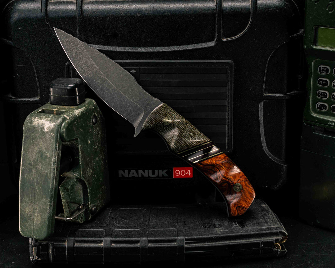 Ishi- OD Green Canvas Micarta, Black G10 and Brass Pin Striping, Burgundy Canvas Micarta and Brass Split, Desert Ironwood, Mosaic Pins, Textured Grip