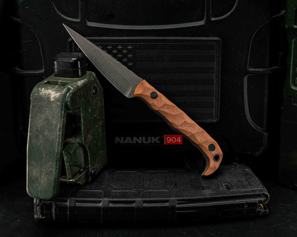 Slender Man- Vintage Linen Micarta Two Tone Brown, CF Pins, CF Lanyard Pins, Textured Grip