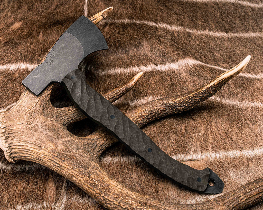 Camp Hatchet- Vintage Linen Micarta Natural Brown, CF Pins, Textured Grip