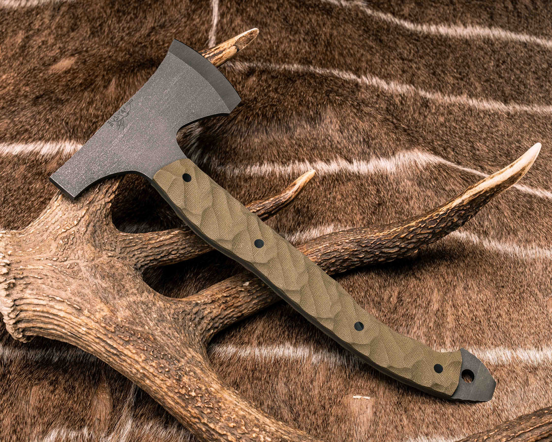 Hatchet Hybrid- OD Green Canvas Micarta, CF Pins, CF Lanyard Pin, Textured Grip