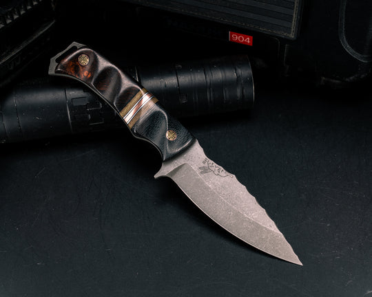 Ishi- Black Canvas Micarta, OD Green Canvas Micarta, Black G10, Aluminum and Copper Split, Desert Ironwood, Mosaic Pins, Textured Grip