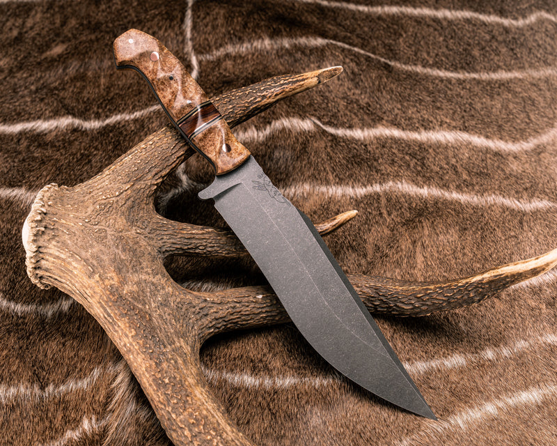 American Bowie- Black Ash Burl, Black G10, OD Green G10 and Copper Pin Striping, Desert Ironwood Split, Copper Pins, 1/8" Mosaic Pins, Textured Grip