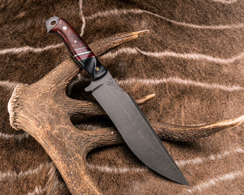 American Bowie- Ancient Bog Oak, Black G10 and Brass Pin Striping, Bloody Basin Tru-stone Split, Dyed Amboyna, Mosaic Pins, Textured Grip