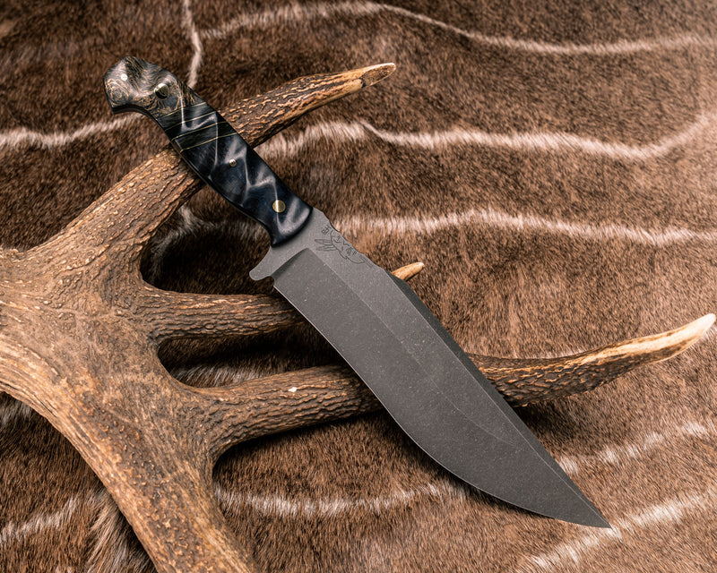American Bowie- Dyed Maple, Black G10 and Brass Pin Striping, Green Dark Matter Carbon and Black Canvas Micarta Split, Gold Dark Matter Carbon, Brass Pin, 1/8" Mosaic Pins, Half Face Mosaic Pin, Textured Grip