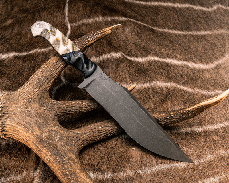 American Bowie- Ancient Bog Oak, AOR2 Cammie and American Flag Micarta Split, CO Elk Antler, Brass Pins, 1/8" Mosaic Pin, Textured Grip