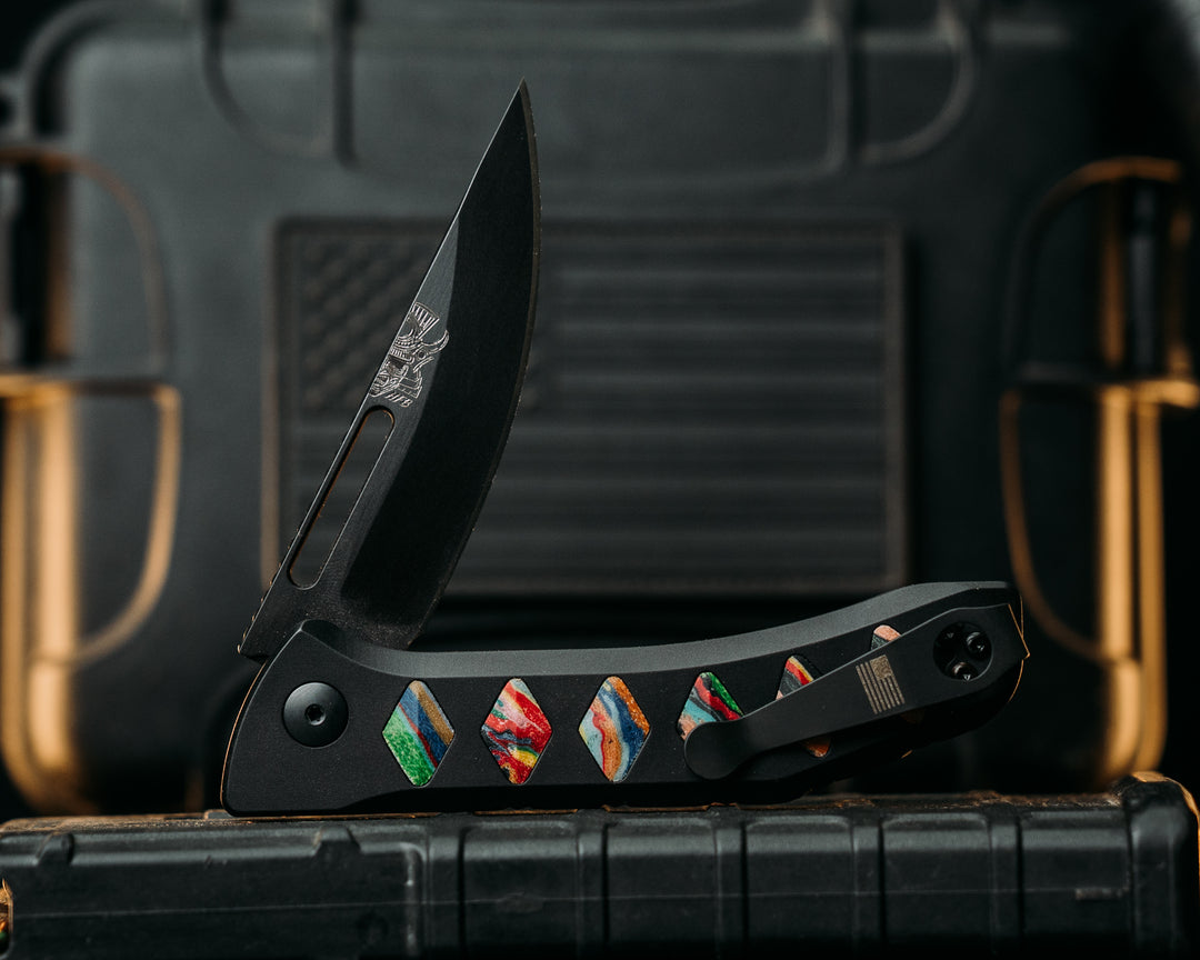 Custom Kwaiken Folder- Biggie Coogi Sweater Micarta, Anodized Black Handle, Black Nitride Blade, Smooth Grip, Deep Carry Pocket Clip
