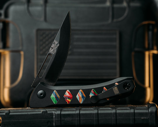 Custom Kwaiken Folder- Biggie Coogi Sweater Micarta, Anodized Black Handle, Black Nitride Blade, Smooth Grip, Deep Carry Pocket Clip