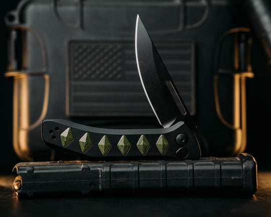 Custom Kwaiken Folder - Money Camo Quartz, Anodized Black Handle, Black Nitride Blade, Textured Grip, Deep Carry Pocket Clip