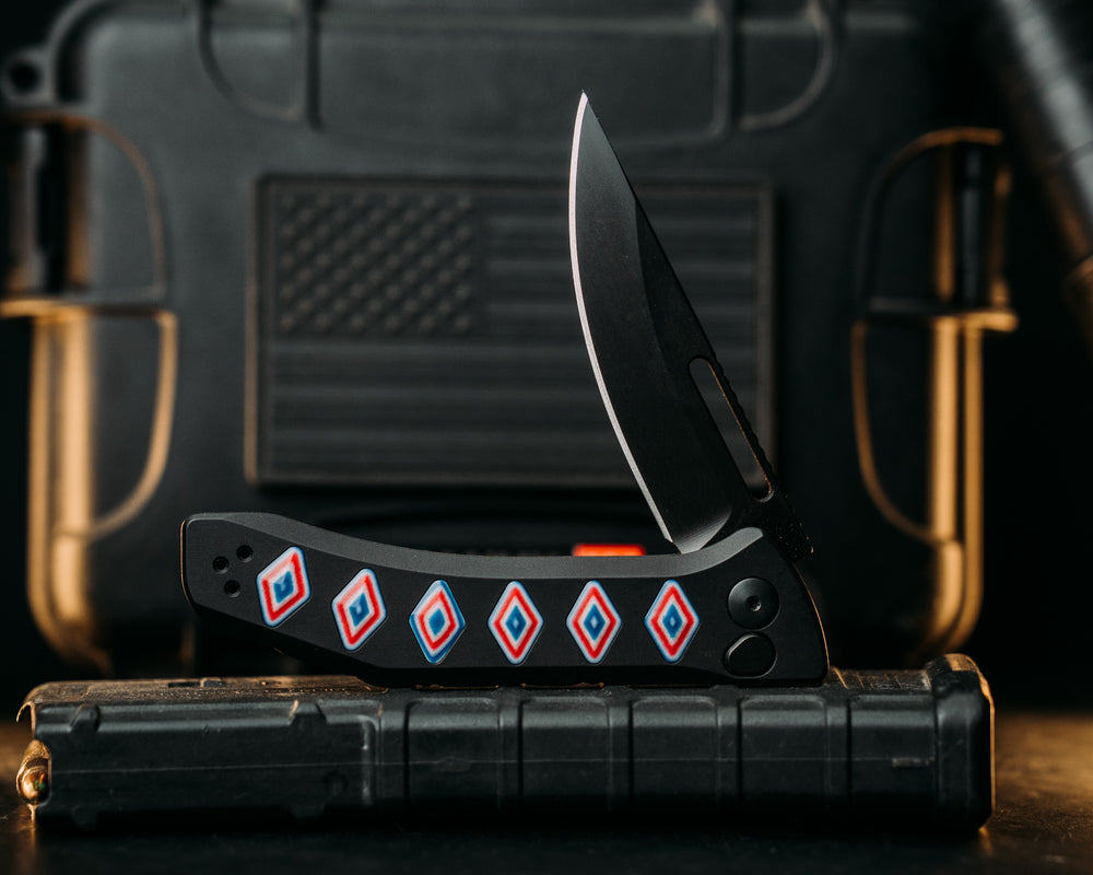 Custom Kwaiken Folder - Freedom Camo Quartz, Anodized Black Handle, Black Nitride Blade, Textured Grip, Deep Carry Pocket Clip