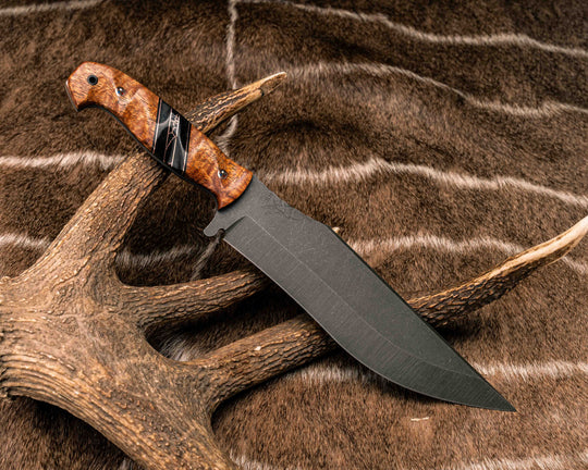 American Bowie- Afzelia Black G10 and Copper Pin Striping, Black Burlap Micarta and Black with Copper Web Tru-stone Split, Copper Patriot Pins, CF Lanyard Pin, Textured Grip