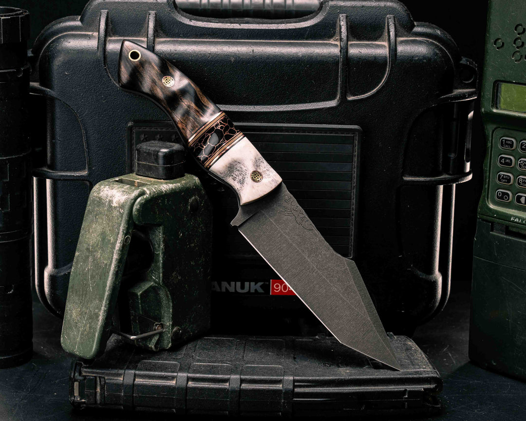 Widow Maker Tanto- Elk Antler, Black G10, Copper and Coyote G10 Pin Striping, Black with Copper Web Tru-stone Split, Black and White Ebony, Mosaic Pins, Brass Lanyard Pin, Textured Grip
