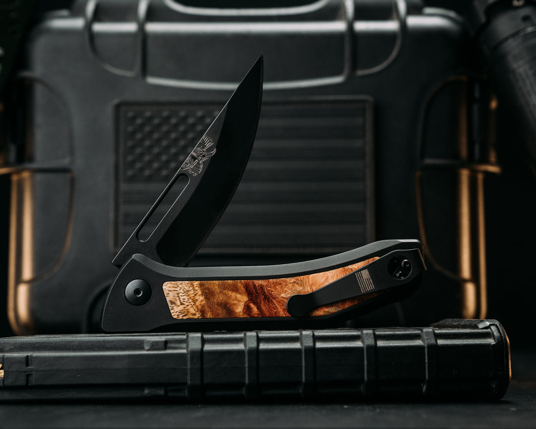 Custom Kwaiken Folder- Amboyna, Anodized Black Handle, Black Nitride Blade, Textured Grip, Deep Carry Pocket Clip