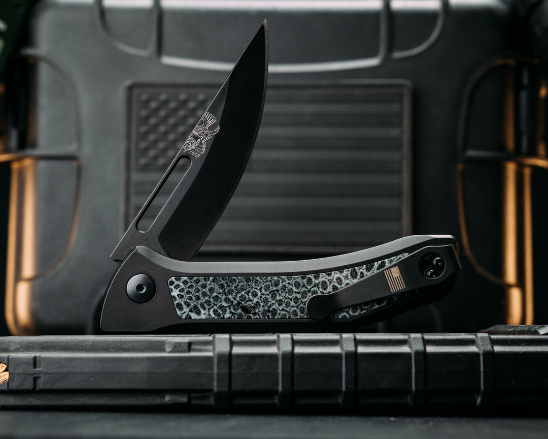 Custom Kwaiken Folder- Dyed Coral, Anodized Black Handle, Black Nitride Blade, Textured Grip, Deep Carry Pocket Clip