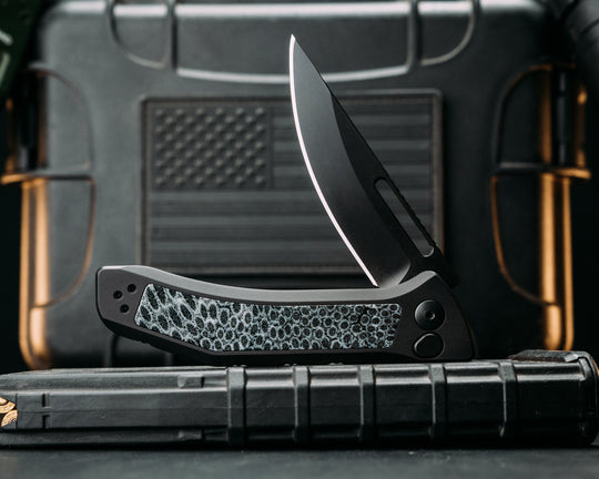 Custom Kwaiken Folder- Dyed Coral, Anodized Black Handle, Black Nitride Blade, Textured Grip, Deep Carry Pocket Clip