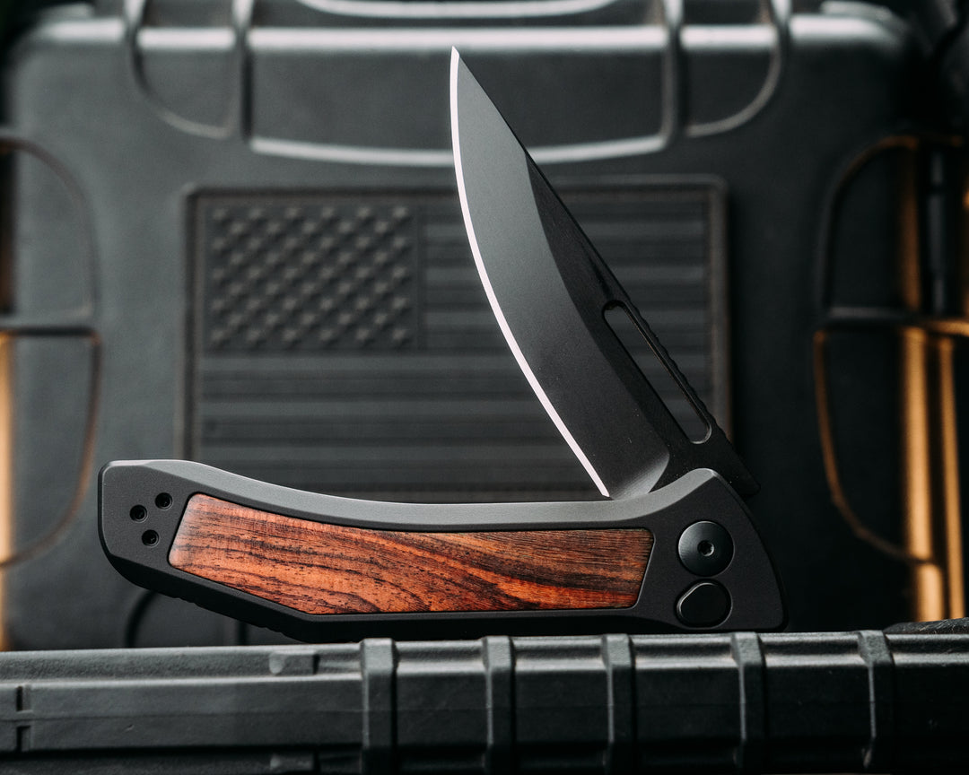 Custom Kwaiken Folder- Rosewood, Anodized Black Handle, Black Nitride Blade, Textured Grip, Deep Carry Pocket Clip