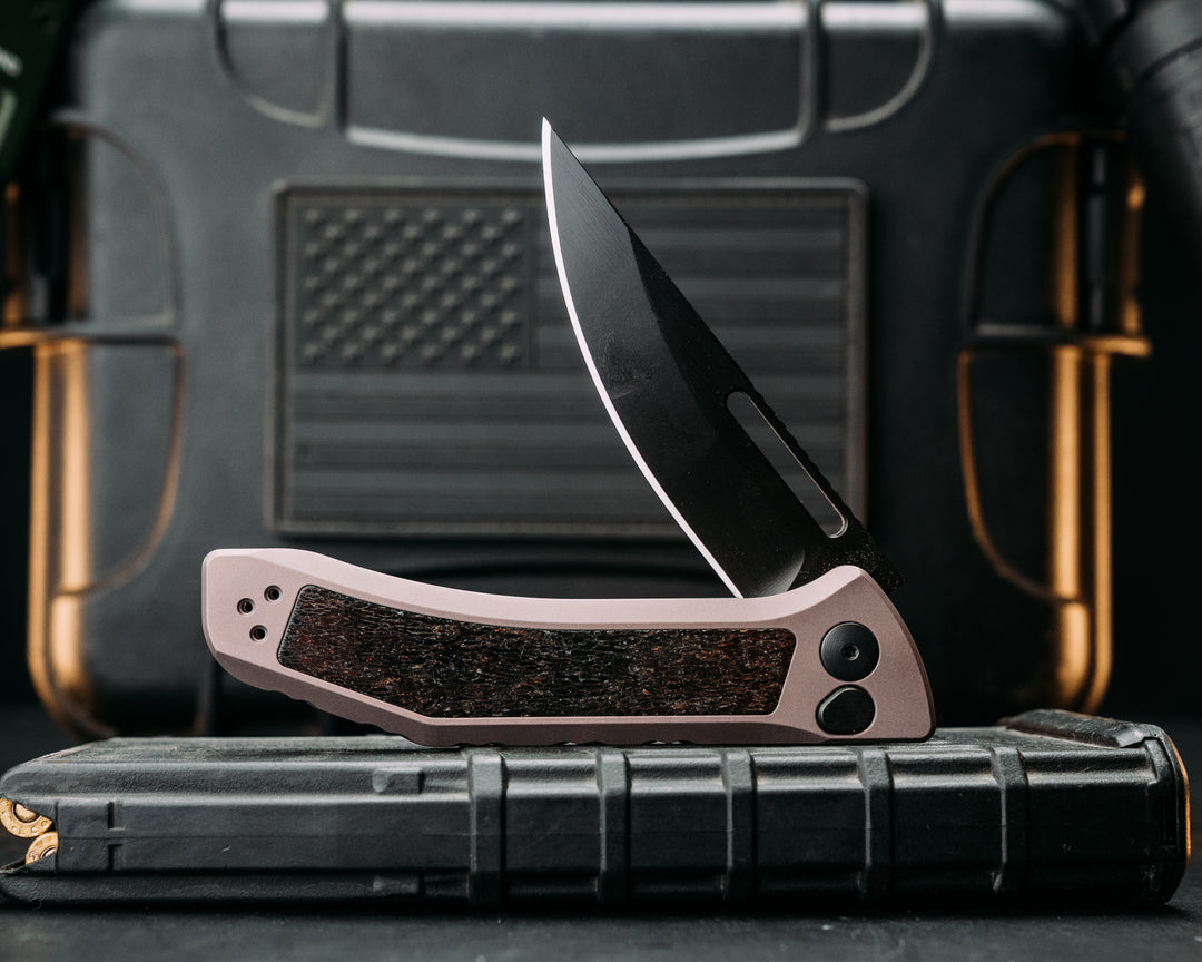 Custom Kwaiken Folder -  Mammoth Bone, Anodized Grey Handle, Black Nitride Blade, Textured Grip, Deep Carry Pocket Clip