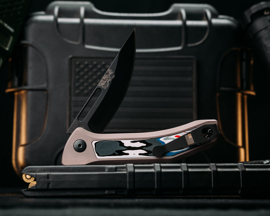 Custom Kwaiken Folder -  Fordite, Anodized Gray Handle, Black Nitride Blade, Textured Grip, Deep Carry Pocket Clip