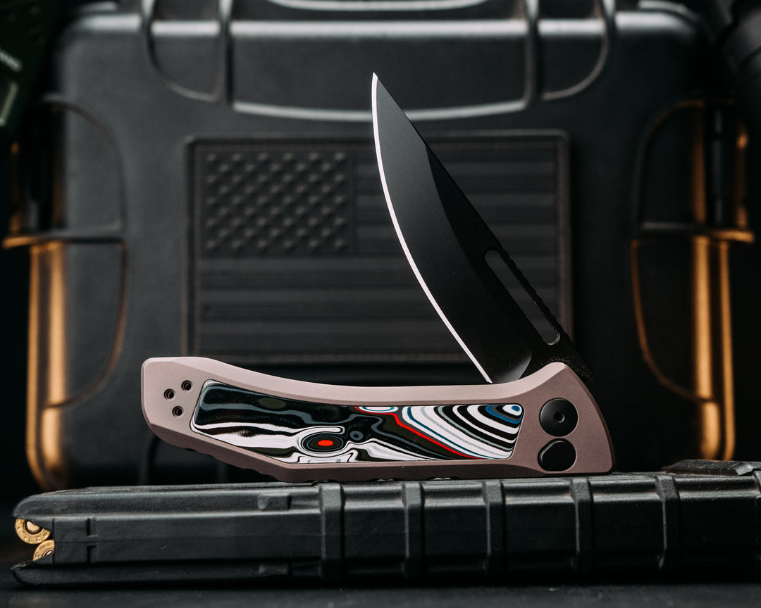 Custom Kwaiken Folder -  Fordite, Anodized Gray Handle, Black Nitride Blade, Textured Grip, Deep Carry Pocket Clip