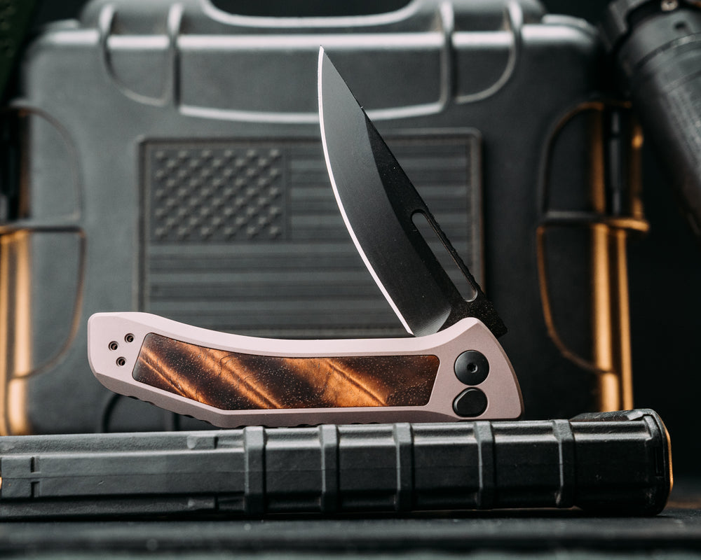 Custom Kwaiken Folder -  Hawaiian Curly Koa, Anodized Gray Handle, Black Nitride Blade, Textured Grip, Deep Carry Pocket Clip